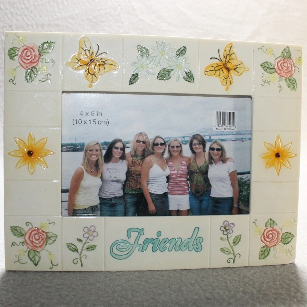 Young's Inc Friends Ceramic Photo Frame 4x6 Cream Floral Butterfly Vintage Style